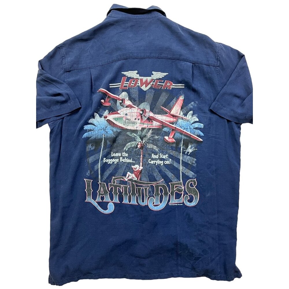 Good Life Y2K Resort Camp Button Down Shirt Mens Large Blue Silk Lower Lattitude